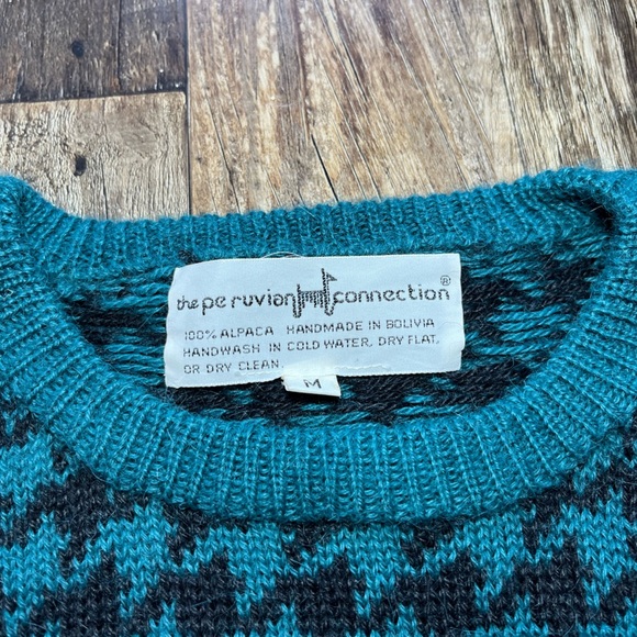 Peruvian Connection Alpaca Balloon Sleeve Houndstooth Teal/Black Sweater Medium - Picture 3 of 4